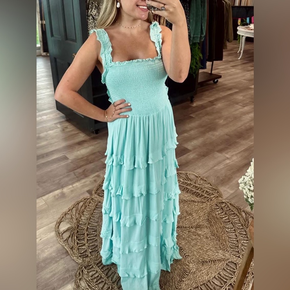 So Me Aqua Ruffled Maxi Dress